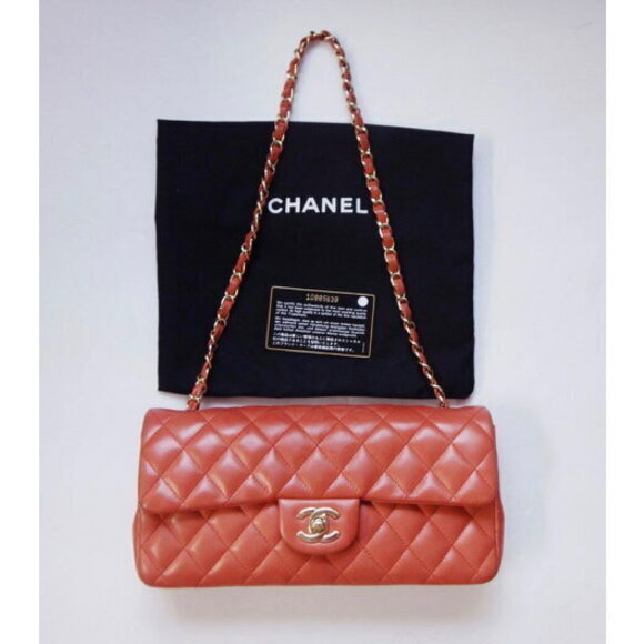 CHANEL Matelasse Chain Shoulder Bag Leather Orange Lambskin Single